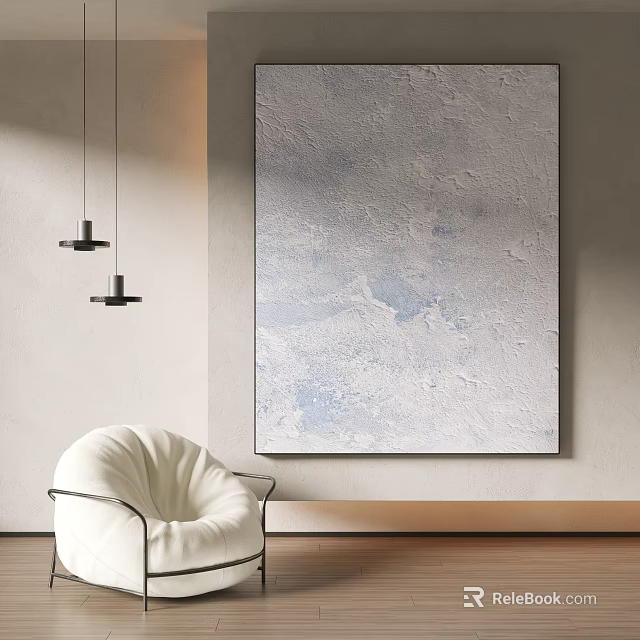 Large Abstract Gray Blue Texture Painting In Modern Interior With White Chair Black Pendant Lights 3d model 