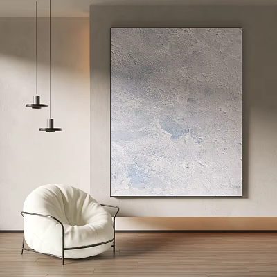 Large Abstract Gray Blue Texture Painting In Modern Interior With White Chair Black Pendant Lights 3d model