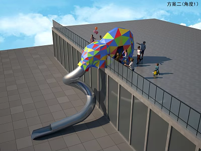 Colorful Geometric Slide Play Equipment On Rooftop With Safety Railings And Children 3d model