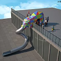 Colorful Geometric Slide Play Equipment On Rooftop With Safety Railings And Children