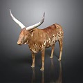 Brown and white spotted longhorn cattle standing on dark background with reflection