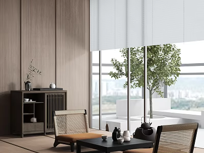 Cozy Home Balcony With Wooden Walls Rattan Chairs Coffee Table And Tree View 3d model