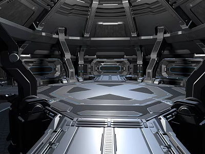 Cartoon Sci Fi Spaceship Interior With Metallic Structures Control Panels And Neon Lights 3d model