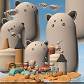 Cute White Bear Kids Toy Figurines With Small Houses Cakes Carrots And Blue Sky