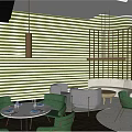 Modern Restaurant Interior With Green Chairs Gray Sofas Hanging Lights And Large Windows 3d model