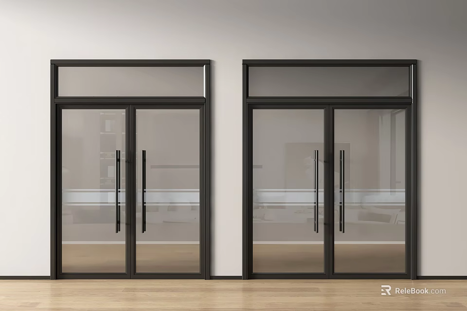 Sleek Modern Double Doors With Black Frame And Glass Panels Design 3d model 