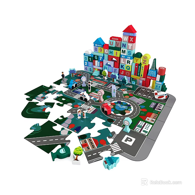 Building Blocks City Construction Set With Colorful Buildings Roads Cars And Figures 3d model 
