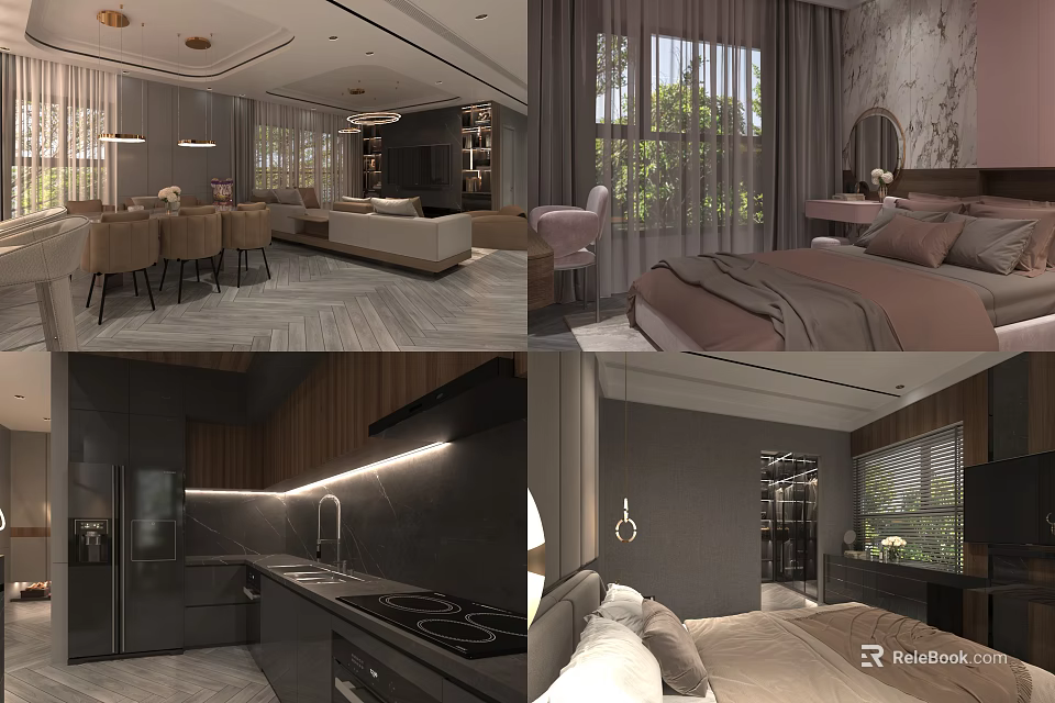 Modern Living and Dining Room Interior With Sofa Dining Table And Pendant Lights 3d model 