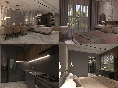 Modern Living and Dining Room Interior With Sofa Dining Table And Pendant Lights 3d model