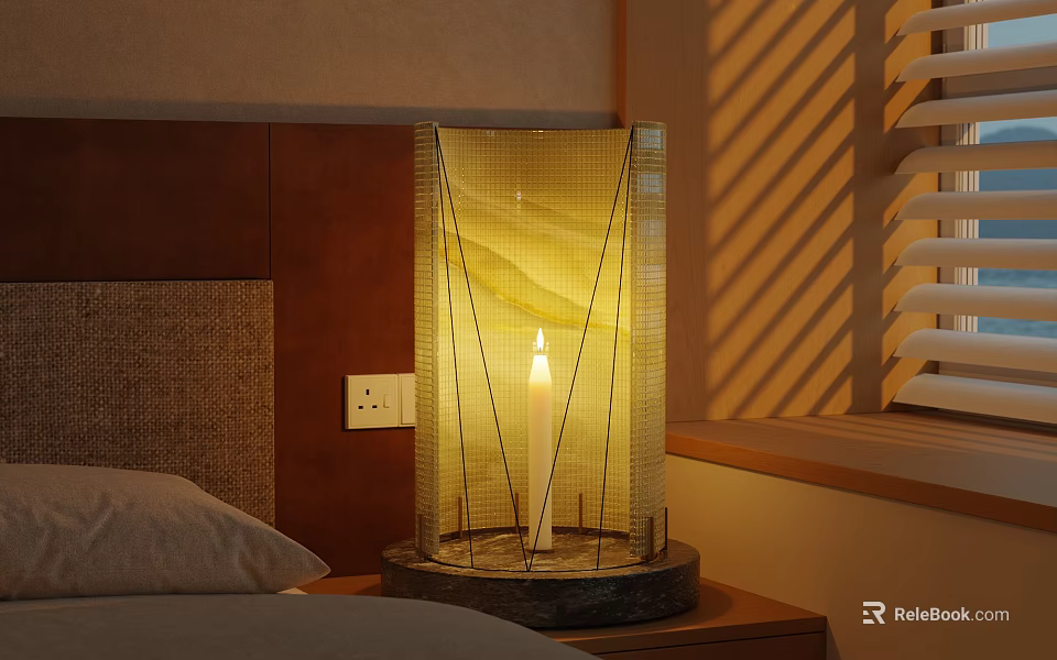 Modern Table Lamp With Glass Shade Candle Wick Design And Warm Light On Bedroom Nightstand 3d model 