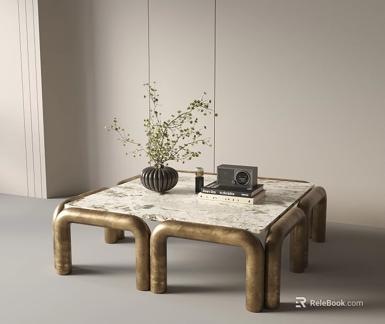 Modern Coffee Table With Marble Top Gold Legs And Black Vase Green Plants On Top 3d model 