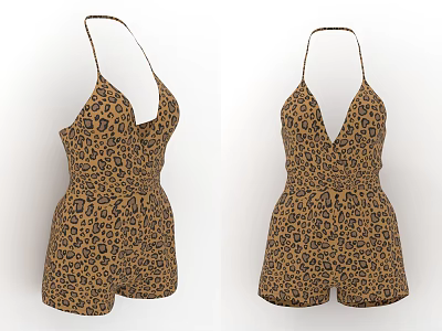 Trendy Leopard Print Short Jumpsuit With Spaghetti Straps And Deep V Neck Design 3d model
