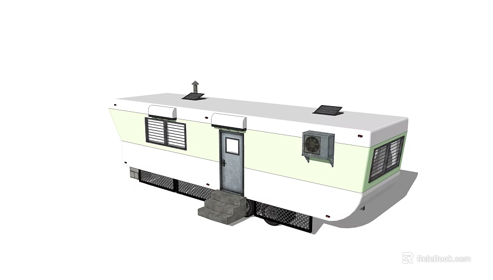 Modern Mobile Home Design With White Exterior Windows Door Steps And Roof Panels 3d model 