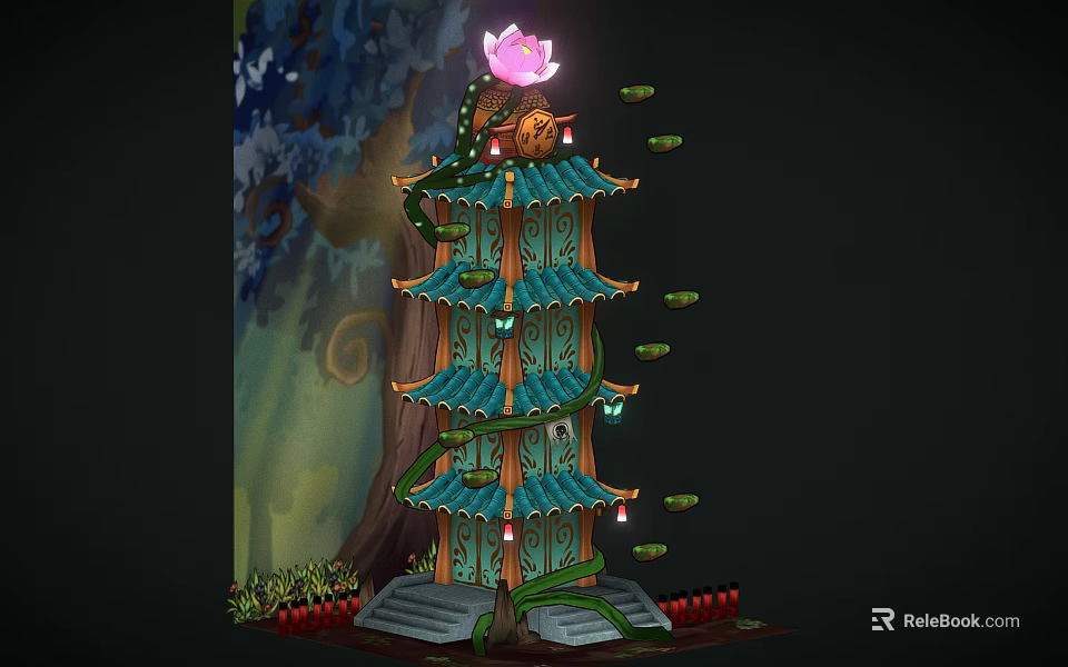Traditional Multi tiered Pagoda Architecture With Green Roofs Lotus Ornament And Surrounding Plants 3d model 