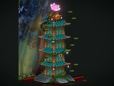 Traditional Multi tiered Pagoda Architecture With Green Roofs Lotus Ornament And Surrounding Plants 3d model