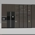 Modern Wine Cabinet With Glass Shelves Wine Glasses Bottles And LED Lighting In Kitchen