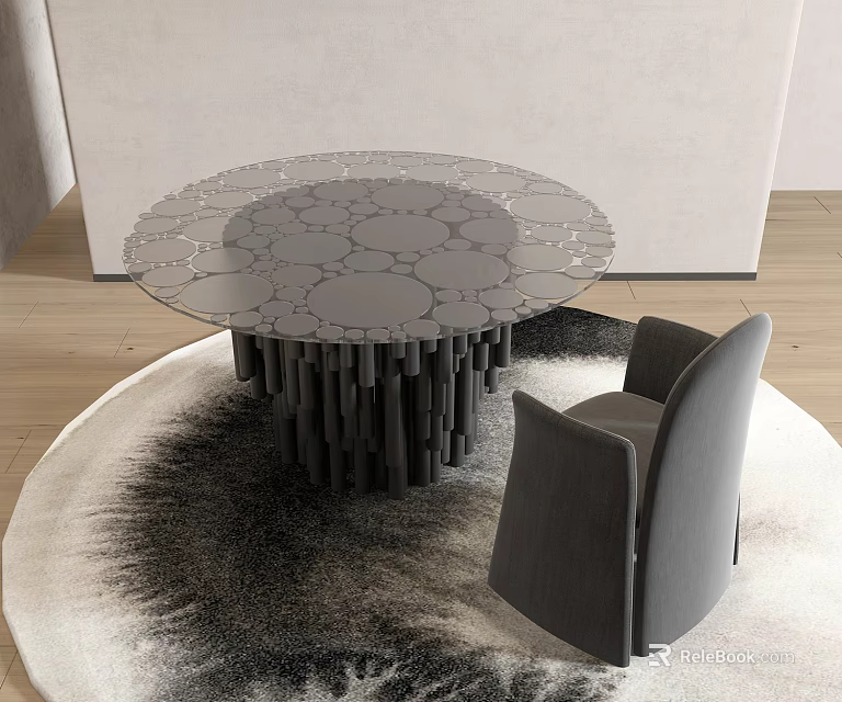Modern Round Table And Gray Chair With Circular Pattern Top Black Legs On Wooden Floor 3d model 