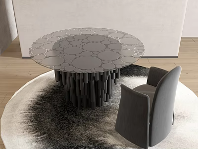 Modern Round Table And Gray Chair With Circular Pattern Top Black Legs On Wooden Floor 3d model