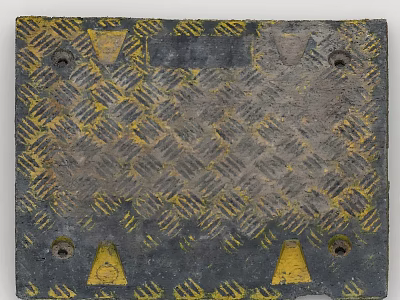 Industrial Anti Slip Metal Plate With Yellow Diamond Texture And Warning Triangles And Bolt Holes 3d model