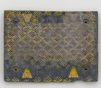 Industrial Anti Slip Metal Plate With Yellow Diamond Texture And Warning Triangles And Bolt Holes 3d model