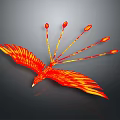 Flying Phoenix Bird With Spread Wings And Flaming Tail Feathers On Dark Background
