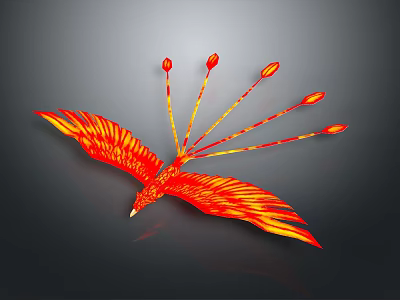 Flying Phoenix Bird With Spread Wings And Flaming Tail Feathers On Dark Background 3d model