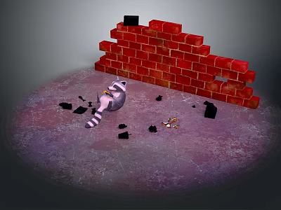 Broken Red Brick Wall Scene With Scattered Pieces And Raccoon Figure On Concrete Ground 3d model