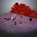 Broken Red Brick Wall Scene With Scattered Pieces And Raccoon Figure On Concrete Ground