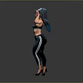 3D Rendered Female Character In Black Sportswear With Raised Hands And Gray Background