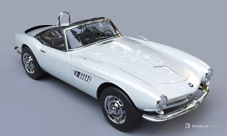 Classic Silver BMW Convertible Sports Car With Retro Open Top Design Features 3d model 