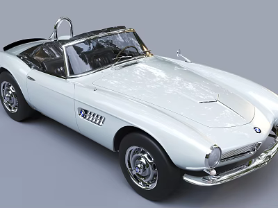 Classic Silver BMW Convertible Sports Car With Retro Open Top Design Features 3d model