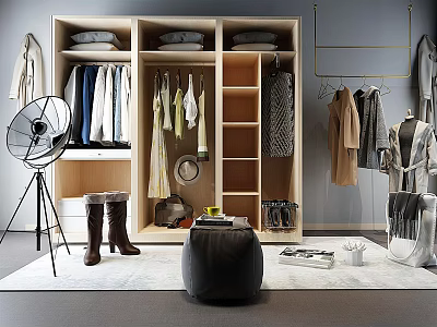 Modern Open Wardrobe Featuring Hanging Clothes Folded Items Boot Storage And Clothing Rack 3d model