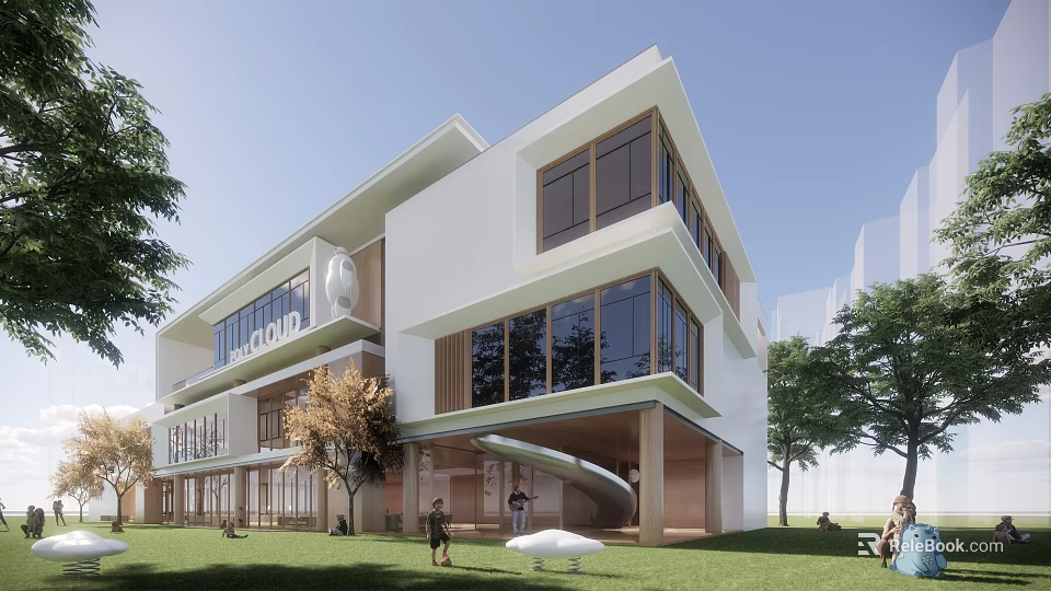 Modern School Building White Exterior With Large Glass Windows Green Lawn And Trees In Campus 3d model 
