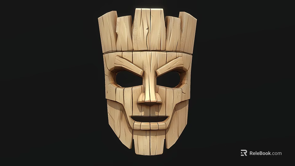 Handcrafted Wooden Mask with Carved Facial Features Made of Natural Wooden Blocks for Home Decor 3d model 