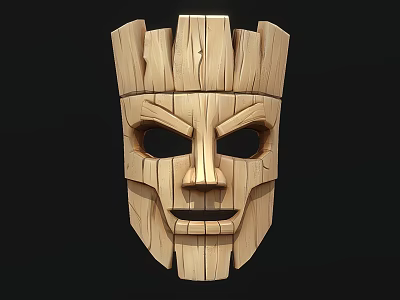 Handcrafted Wooden Mask with Carved Facial Features Made of Natural Wooden Blocks for Home Decor 3d model