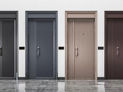 Modern Security Doors in Various Colors Side by Side with Metal Frames Handles and Locks 3d model