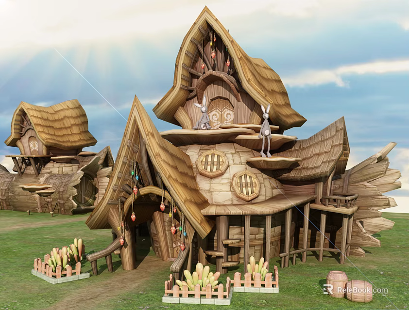 Cartoon Scene With Sunlit Sky Wooden Houses Pointed Roofs Round Windows Green Grass And Fences 3d model 