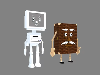 Game And Movie Cartoon Characters White Robot With Screen Face And Brown Block Figure 3d model