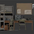 Vintage Workspace With Metal Shelves File Cabinet Bulletin Board Tables Typewriters And Papers