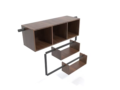 Modern Wooden Storage Shelf With Layered Compartments And Metal Frame 3d model