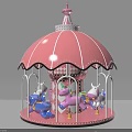 Pink Canopy Carousel Play Equipment With Unicorn Shaped Seats And White Railings