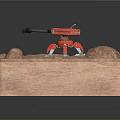 Detailed Red Mechanical Weapon with Tripod Stand on Rocky Sandy Base