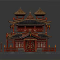 Cartoon Scene of Traditional Chinese Red Pagoda With Golden Ornate Roof and Hanging Lanterns