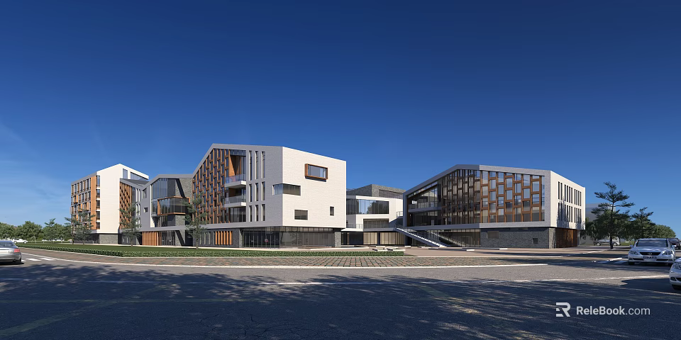 Modern Office Building Complex With White Exterior Wooden Elements And Glass Windows 3d model 