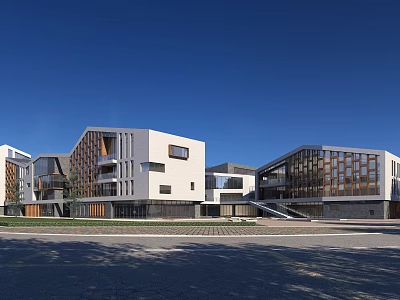 Modern Office Building Complex With White Exterior Wooden Elements And Glass Windows 3d model