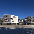 Modern Office Building Complex With White Exterior Wooden Elements And Glass Windows