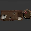 Vintage Display Shelf With Trophies On Upper Shelves And Wooden Barrel For Decorative