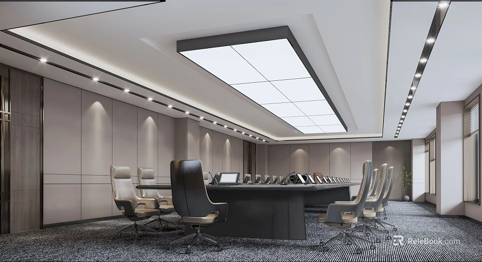Modern Conference Room With Large Table Multiple Chairs Square Ceiling Lights And Gray Walls 3d model 
