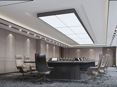 Modern Conference Room With Large Table Multiple Chairs Square Ceiling Lights And Gray Walls 3d model