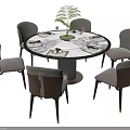Modern Round Dining Table Set with Marble Top and Six Gray Brown Chairs 3d model